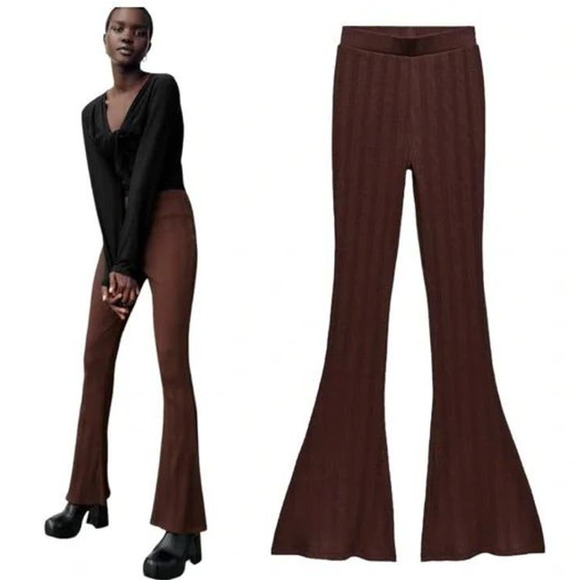 NWOT ZARA Rust Ribbed Cotton Stretch Skinny Flare Scallop Hem Leggings - Picture 3 of 9